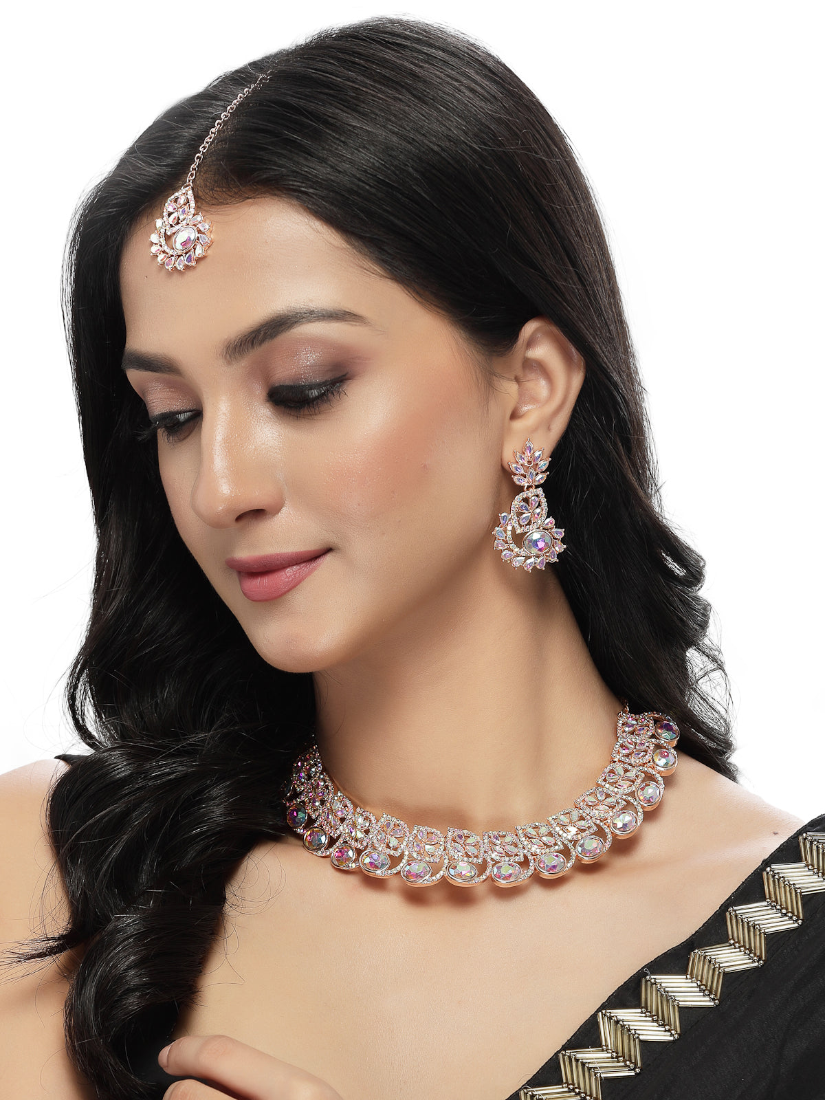 Sukkhi Flashy Rose Gold Plated Rainbow Stones Collar Bone Necklace Set With Earring And Maangtika | Jewellery Set For Women (NS104988)