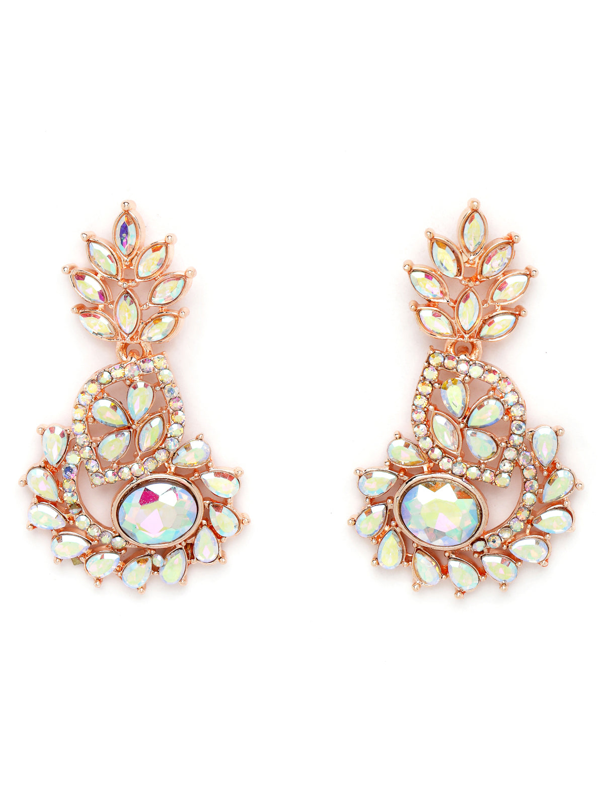 Sukkhi Flashy Rose Gold Plated Rainbow Stones Collar Bone Necklace Set With Earring And Maangtika | Jewellery Set For Women (NS104988)