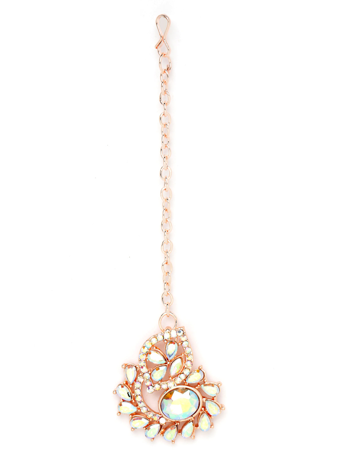Sukkhi Flashy Rose Gold Plated Rainbow Stones Collar Bone Necklace Set With Earring And Maangtika | Jewellery Set For Women (NS104988)