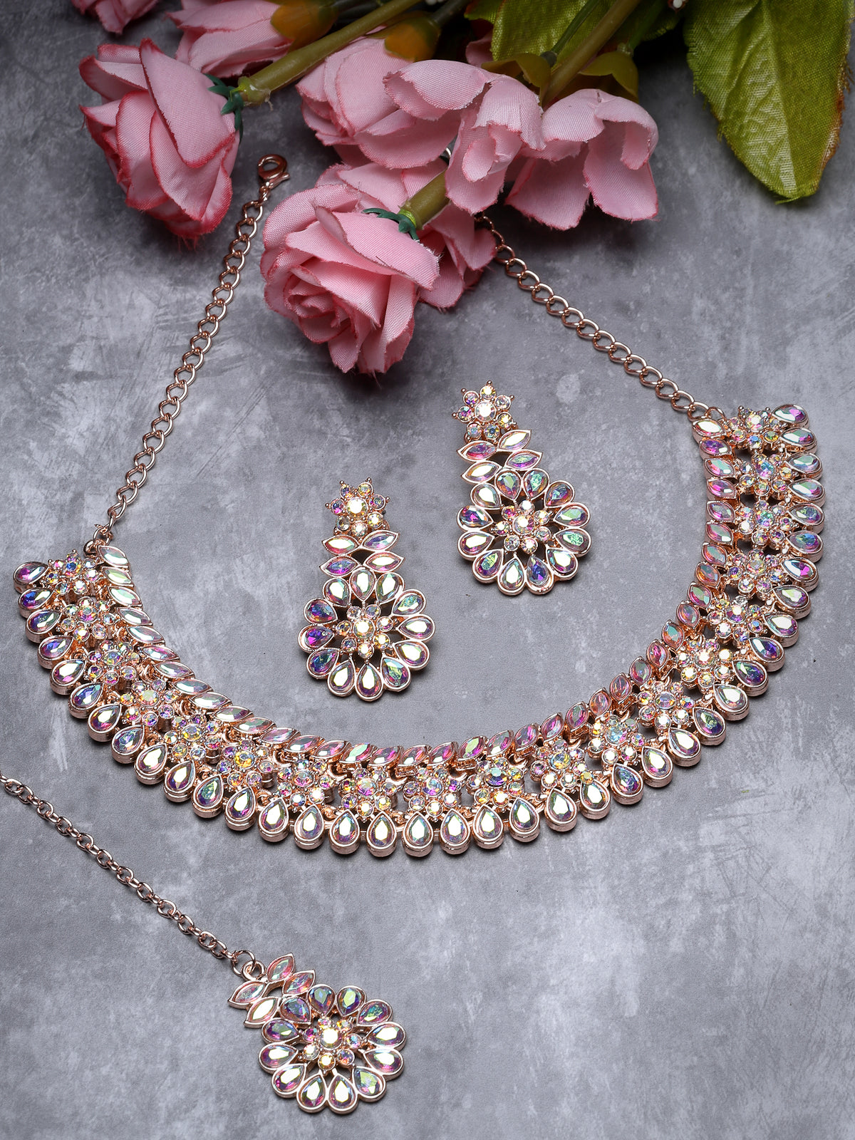 Sukkhi Bright Rose Gold Plated Rainbow Stones Collar Bone Necklace Set With Earring And Maangtika | Jewellery Set For Women (NS104989)