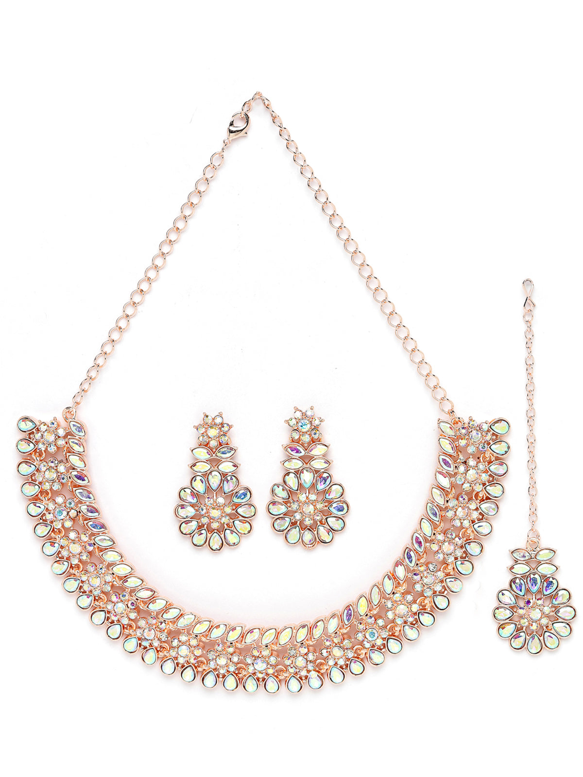 Sukkhi Bright Rose Gold Plated Rainbow Stones Collar Bone Necklace Set With Earring And Maangtika | Jewellery Set For Women (NS104989)