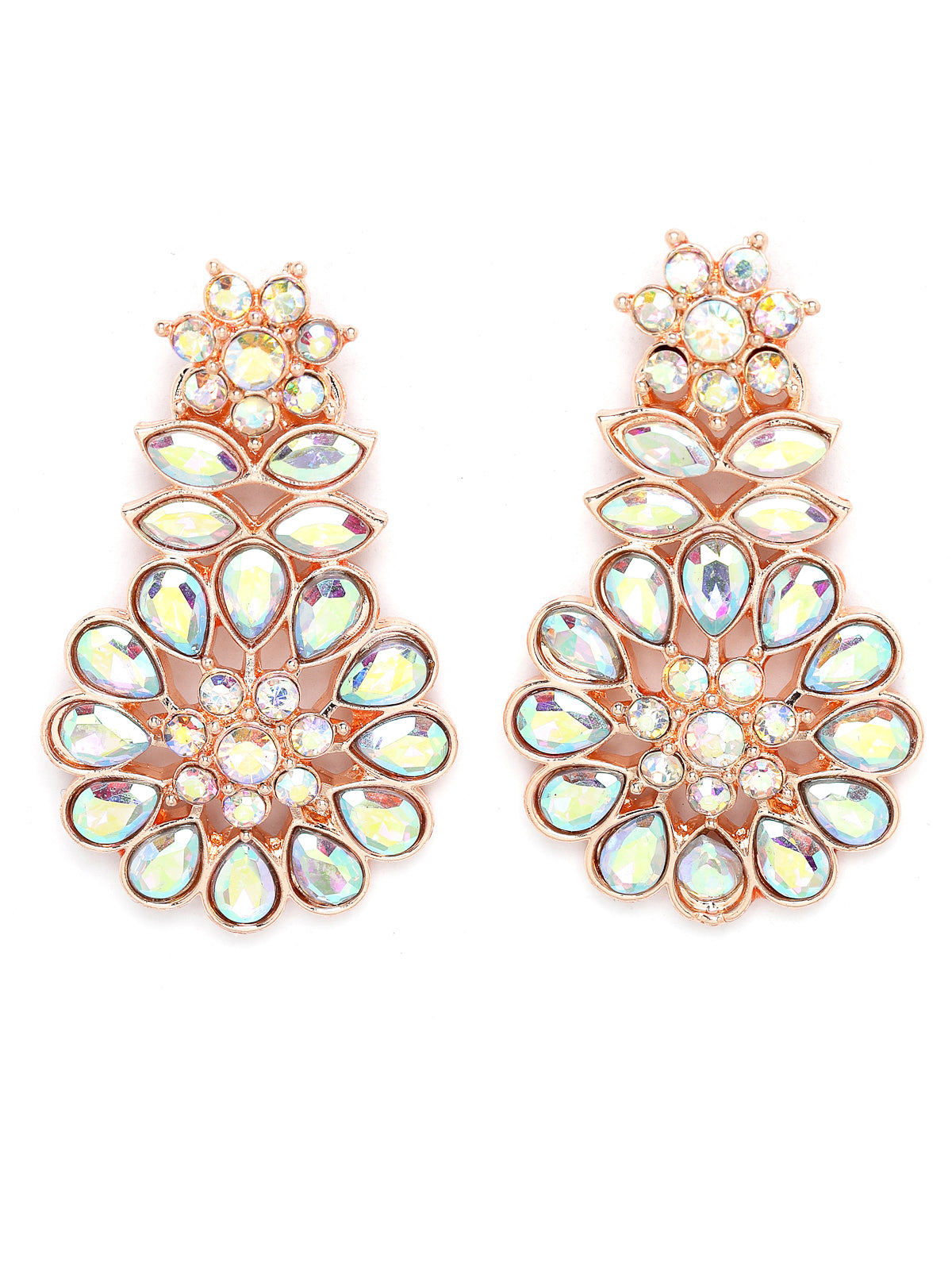 Sukkhi Bright Rose Gold Plated Rainbow Stones Collar Bone Necklace Set With Earring And Maangtika | Jewellery Set For Women (NS104989)