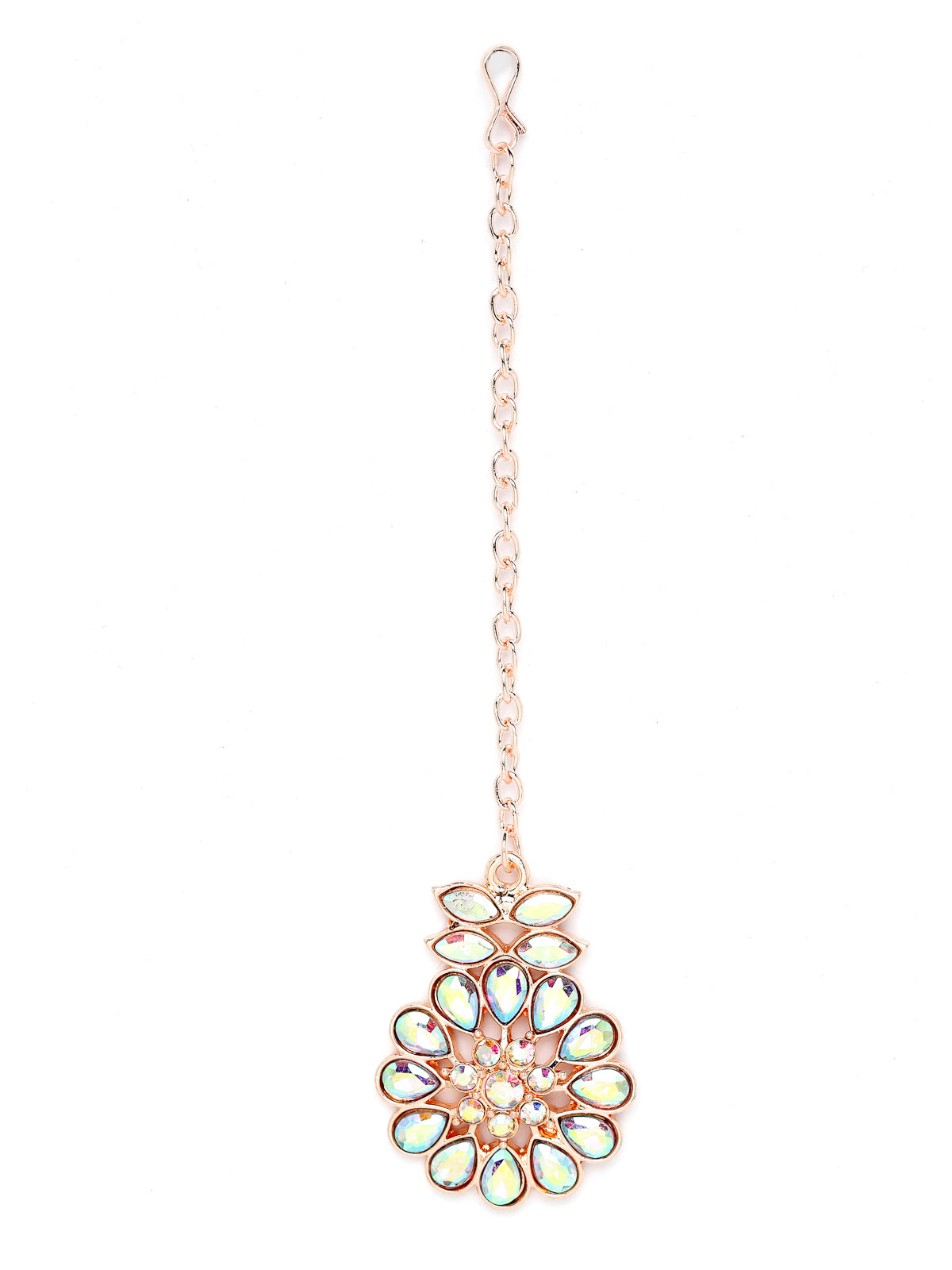 Sukkhi Bright Rose Gold Plated Rainbow Stones Collar Bone Necklace Set With Earring And Maangtika | Jewellery Set For Women (NS104989)