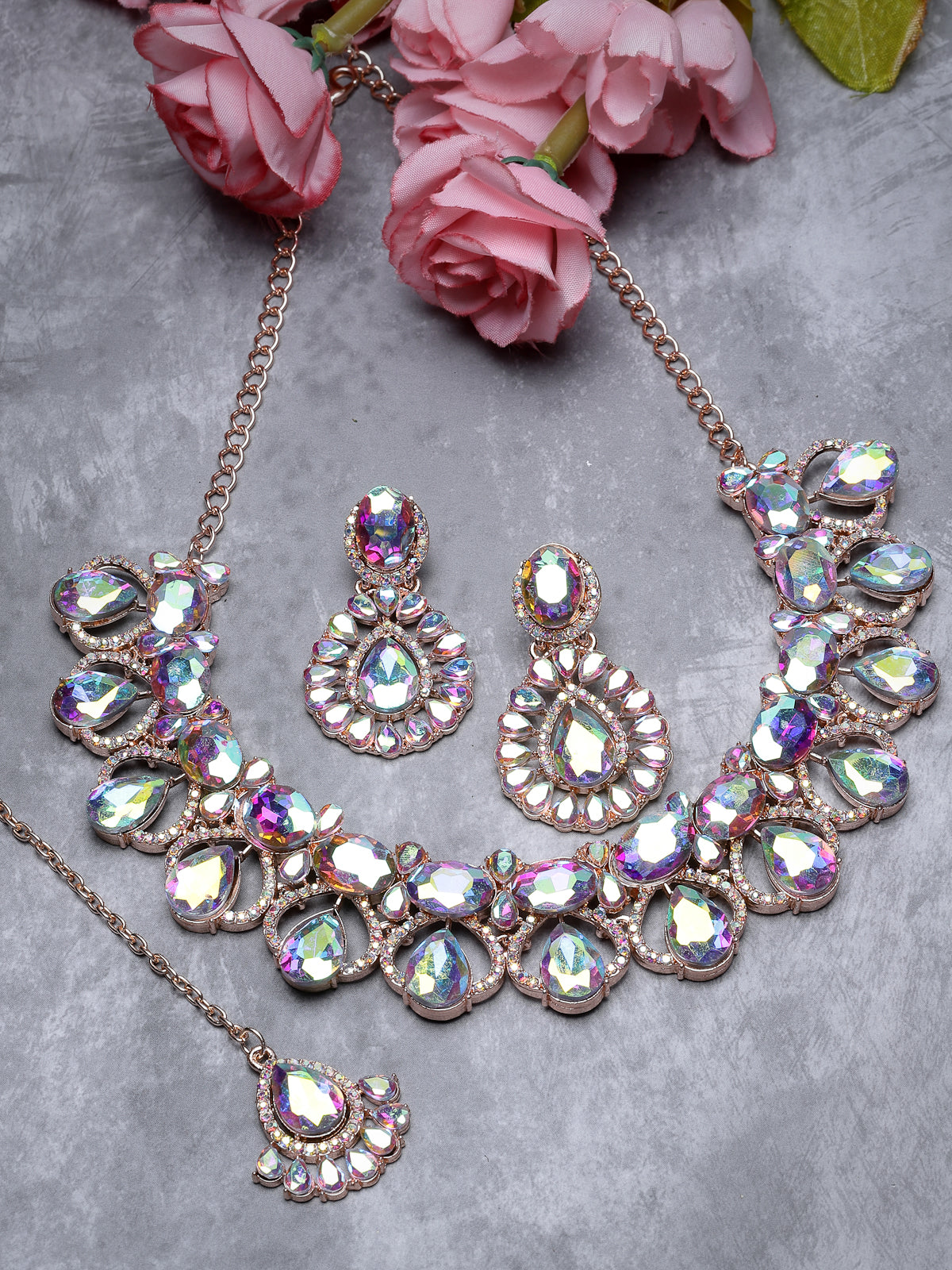 Sukkhi Comely Rose Gold Plated Rainbow Stones Collar Bone Necklace Set With Earring And Maangtika | Jewellery Set For Women (NS104992)