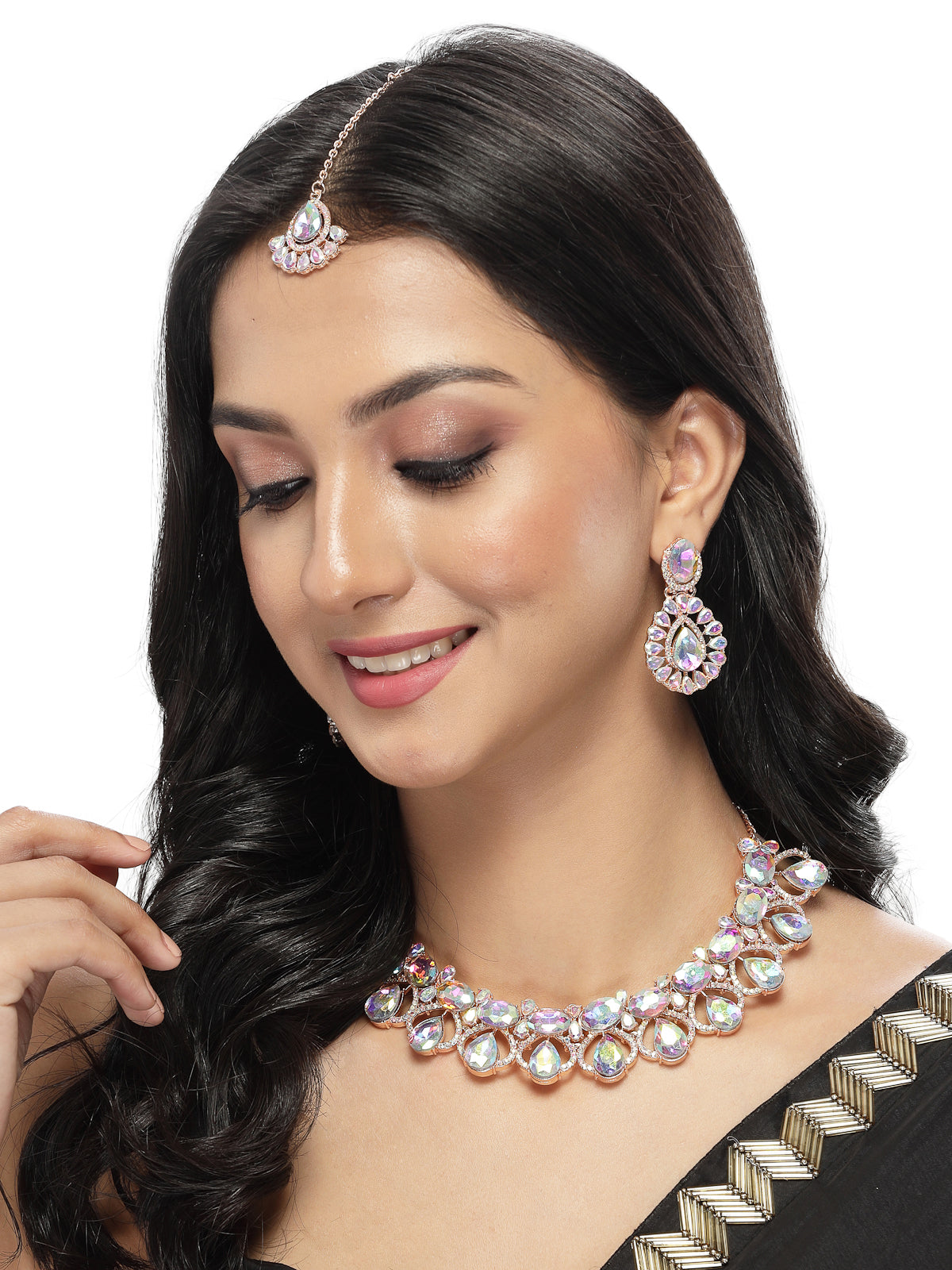 Sukkhi Comely Rose Gold Plated Rainbow Stones Collar Bone Necklace Set With Earring And Maangtika | Jewellery Set For Women (NS104992)