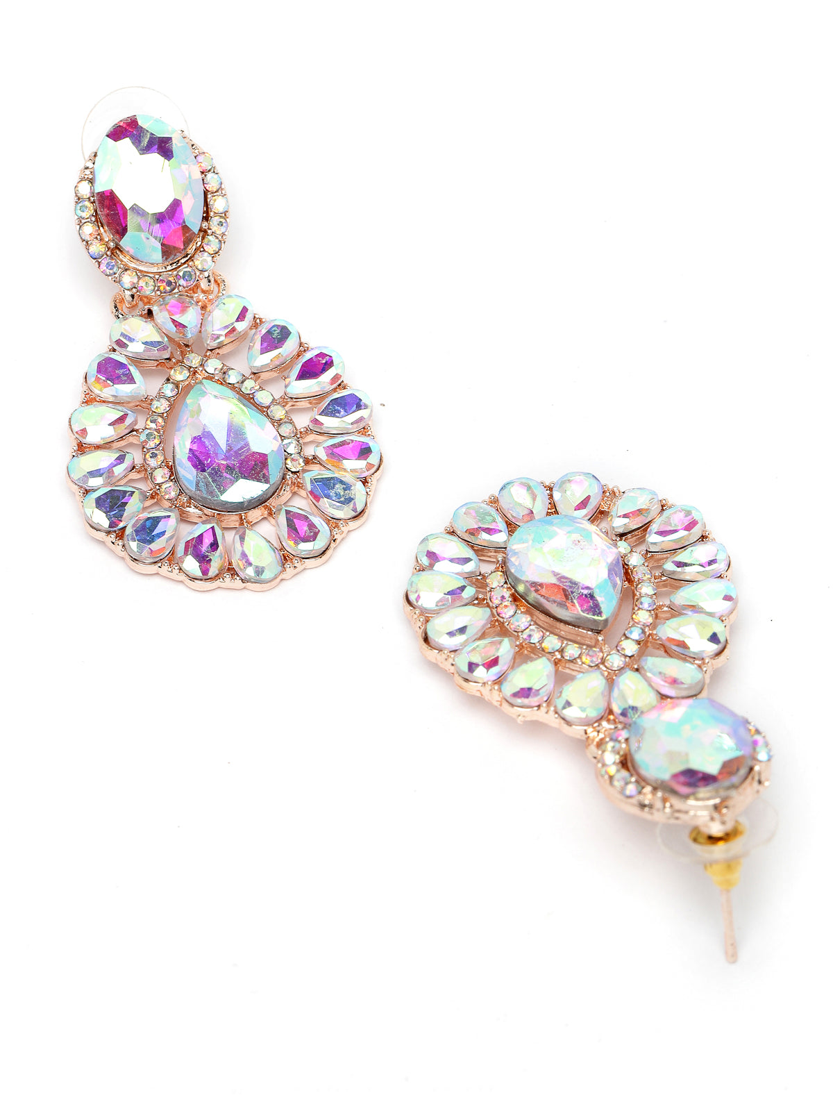 Sukkhi Comely Rose Gold Plated Rainbow Stones Collar Bone Necklace Set With Earring And Maangtika | Jewellery Set For Women (NS104992)