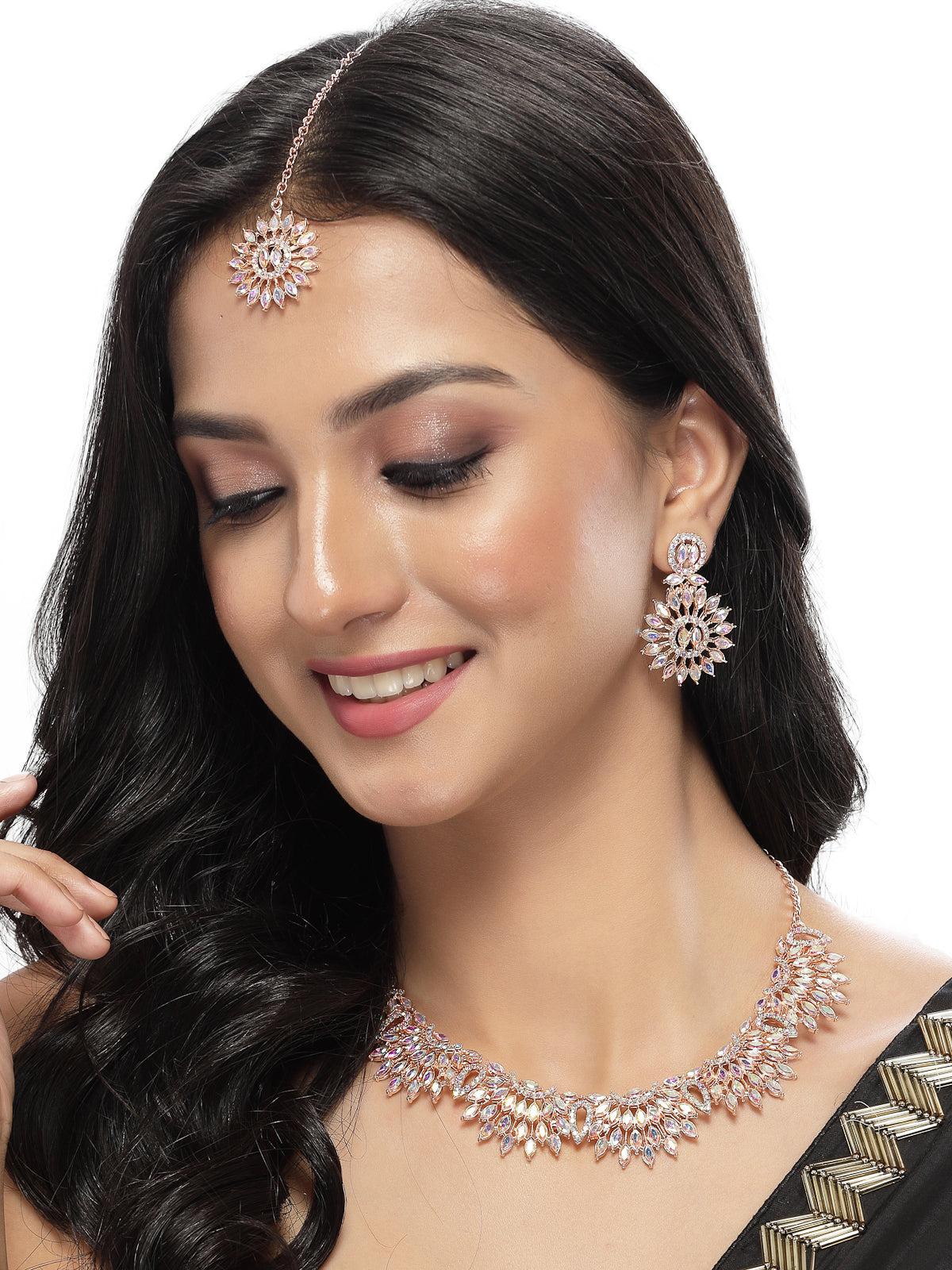 Sukkhi Beauteous Rose Gold Plated Rainbow Stones Collar Bone Necklace Set With Earring And Maangtika | Jewellery Set For Women (NS104993)
