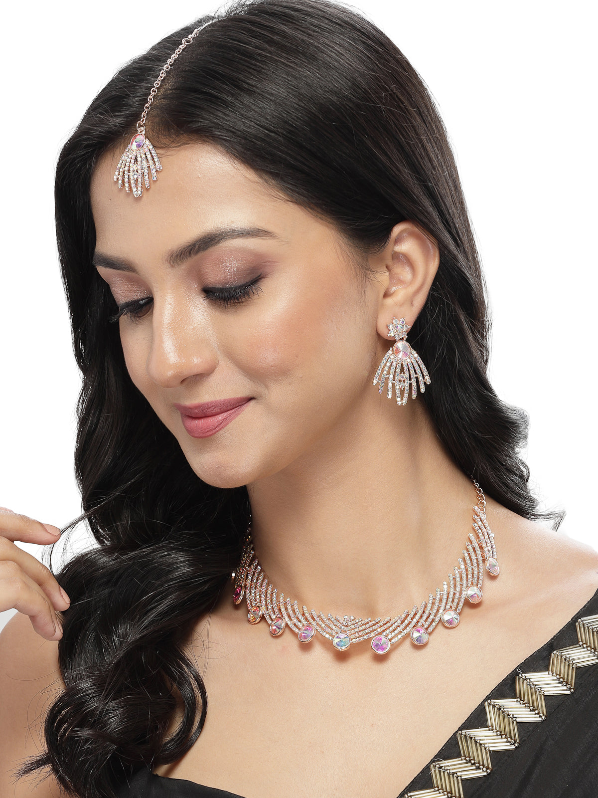 Sukkhi Spunky Rose Gold Plated Rainbow Stones Collar Bone Necklace Set With Earring And Maangtika | Jewellery Set For Women (NS104994)