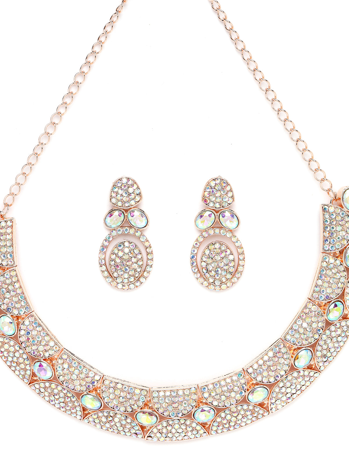 Sukkhi Beaut Rose Gold Plated Rainbow Stones Collar Bone Necklace Set With Earring And Maangtika | Jewellery Set For Women (NS104995)