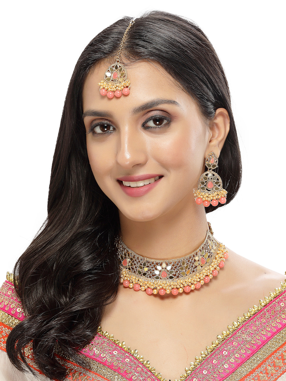 Sukkhi Traditional Gold Plated Pink Kundan & Beads Floral Choker Necklace Set With Earring And Maangtika | Jewellery Set For Women (NS105480)