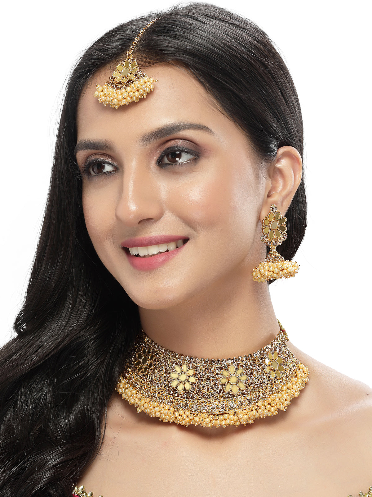 Sukkhi Timelessely Beautiful Gold Plated Gold Kundan & Beads Floral Choker Necklace Set With Earring And Maangtika | Jewellery Set For Women (NS105481)