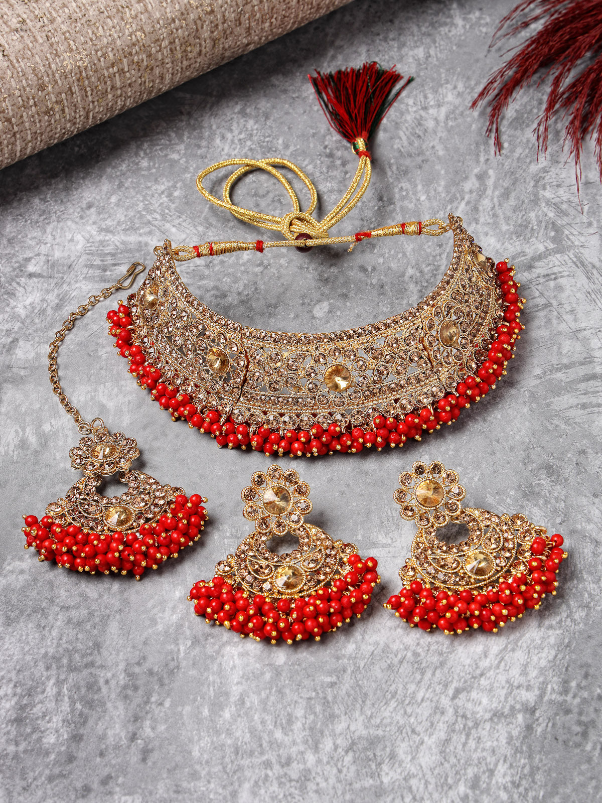 Sukkhi Fashion Gold Plated Red Kundan & Beads Floral Choker Necklace Set With Earring And Maangtika | Jewellery Set For Women (NS105482)