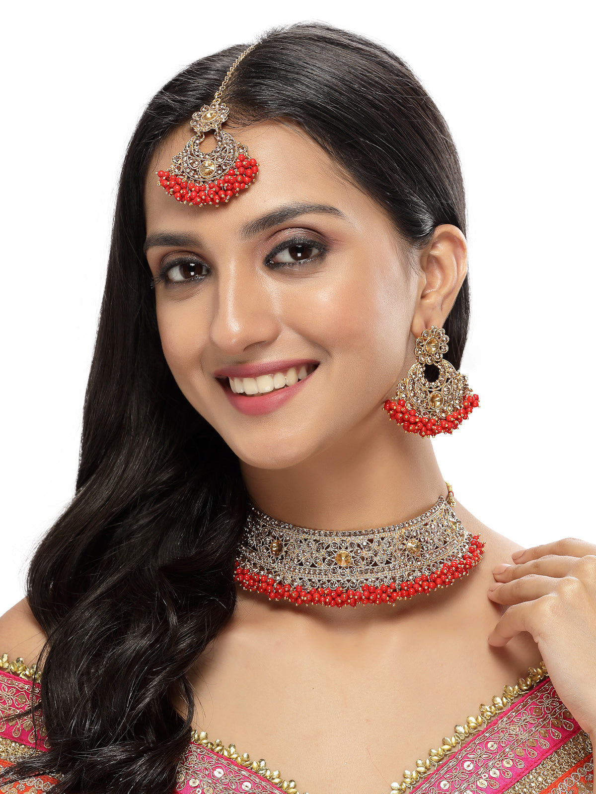 Sukkhi Fashion Gold Plated Red Kundan & Beads Floral Choker Necklace Set With Earring And Maangtika | Jewellery Set For Women (NS105482)