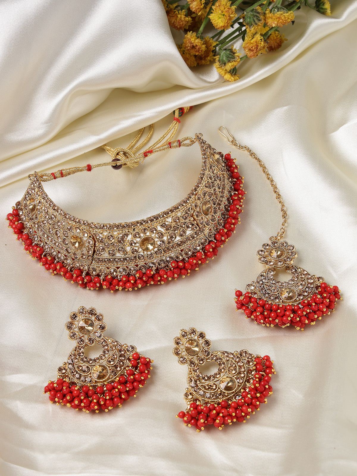 Sukkhi Fashion Gold Plated Red Kundan & Beads Floral Choker Necklace Set With Earring And Maangtika | Jewellery Set For Women (NS105482)