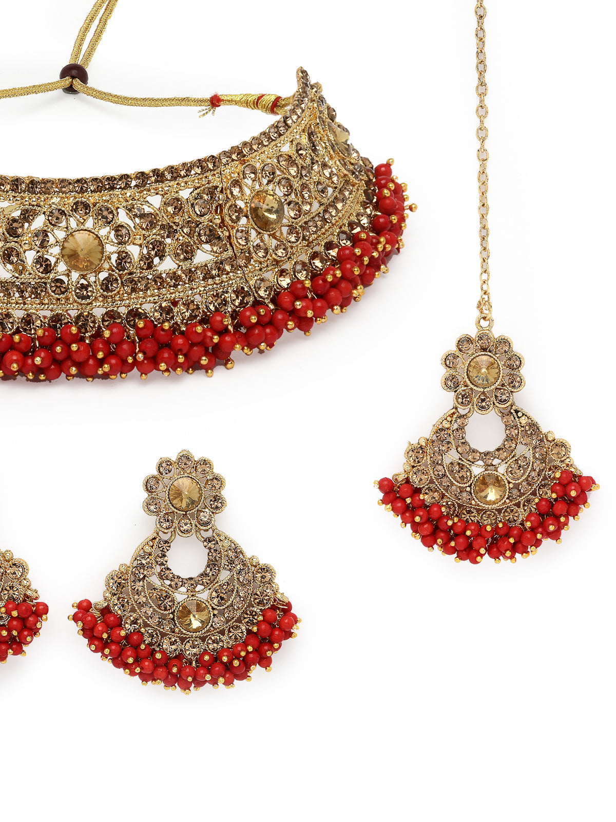 Sukkhi Fashion Gold Plated Red Kundan & Beads Floral Choker Necklace Set With Earring And Maangtika | Jewellery Set For Women (NS105482)