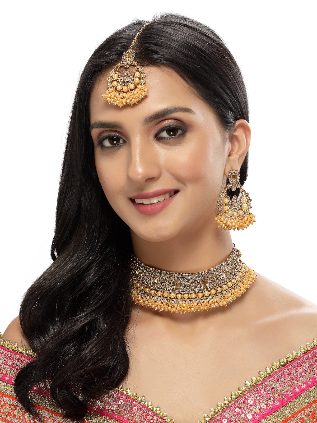 Sukkhi Nice-Looking Gold Plated Gold Kundan & Beads Floral Choker Necklace Set With Earring And Maangtika | Jewellery Set For Women (NS105483)