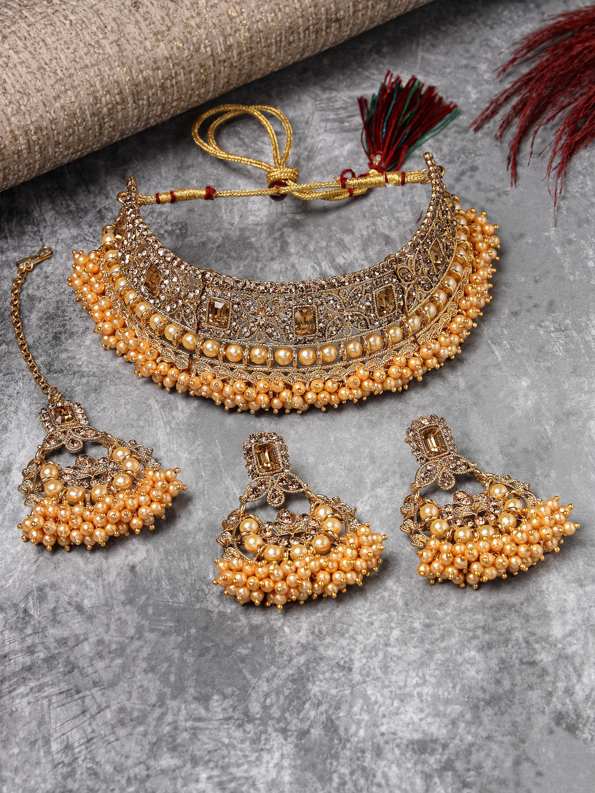Sukkhi Nice-Looking Gold Plated Gold Kundan & Beads Floral Choker Necklace Set With Earring And Maangtika | Jewellery Set For Women (NS105483)