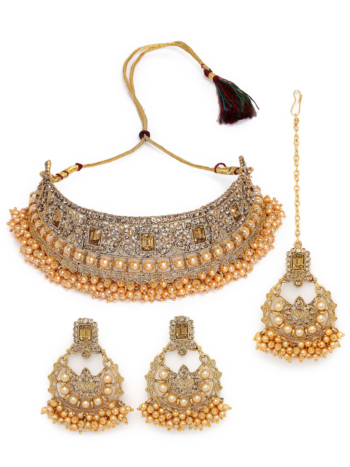 Sukkhi Nice-Looking Gold Plated Gold Kundan & Beads Floral Choker Necklace Set With Earring And Maangtika | Jewellery Set For Women (NS105483)
