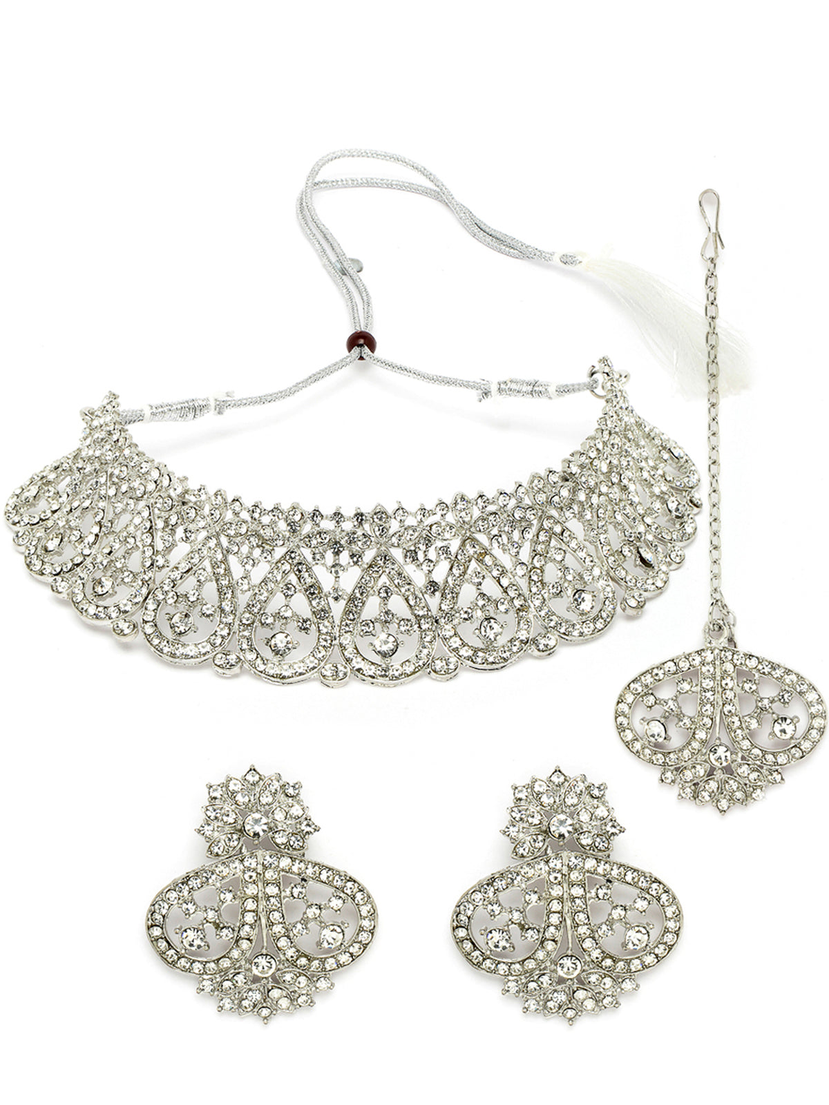Sukkhi Universal Rhodium Plated Silver AD Stone Choker Necklace Set With Earring And Maangtika | Jewellery Set For Women (NS105484)