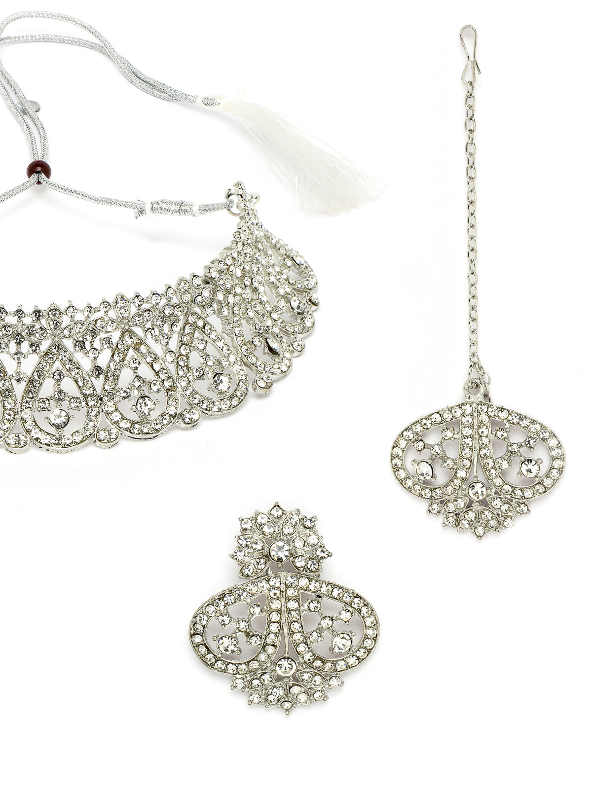 Sukkhi Universal Rhodium Plated Silver AD Stone Choker Necklace Set With Earring And Maangtika | Jewellery Set For Women (NS105484)