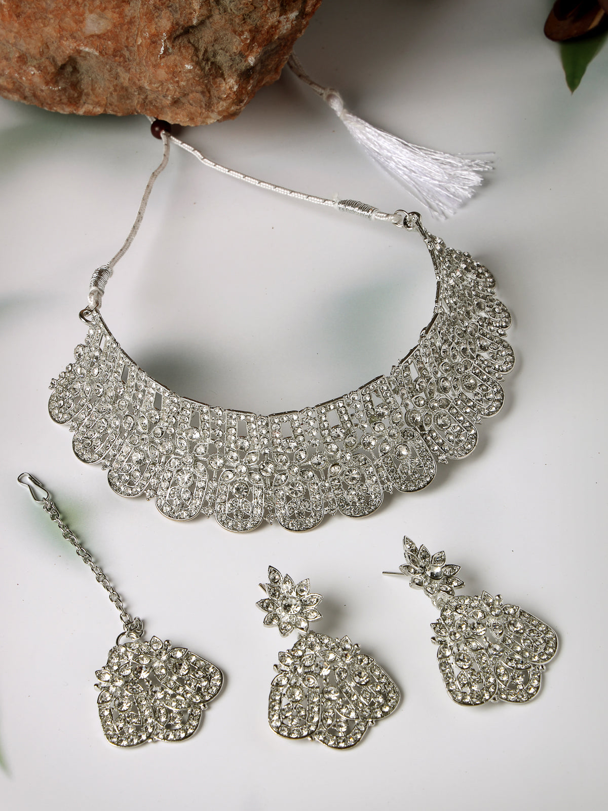 Sukkhi Universal Rhodium Plated Silver AD Stones Choker Necklace Set With Earring And Maangtika | Jewellery Set For Women (NS105485)