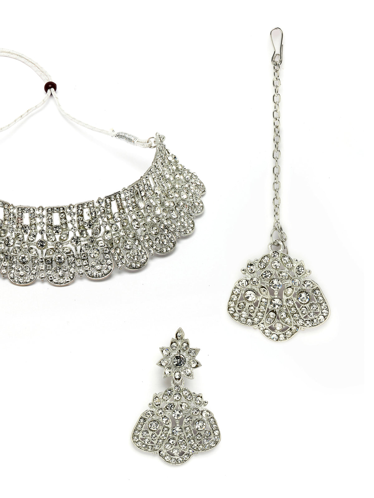 Sukkhi Universal Rhodium Plated Silver AD Stones Choker Necklace Set With Earring And Maangtika | Jewellery Set For Women (NS105485)