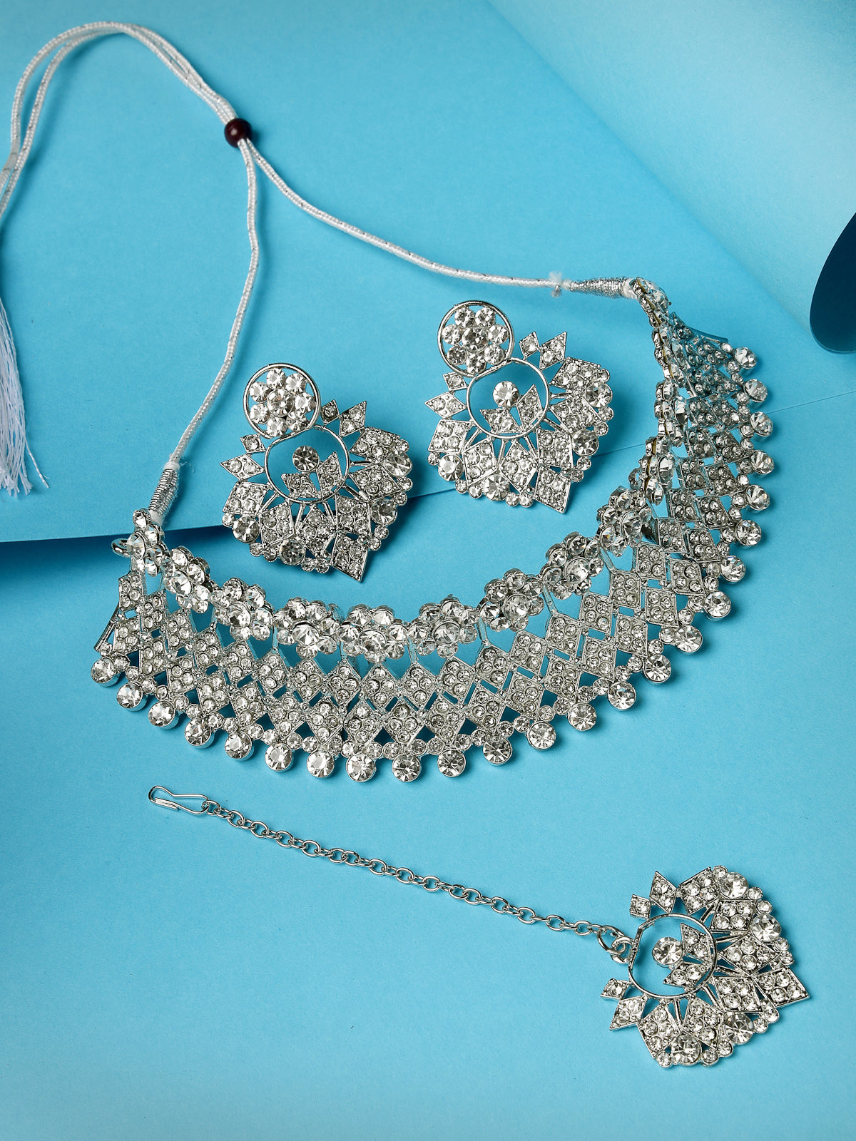 Sukkhi Universal Rhodium Plated Silver AD Stone Choker Necklace Set With Earring And Maangtika | Jewellery Set For Women (NS105486)