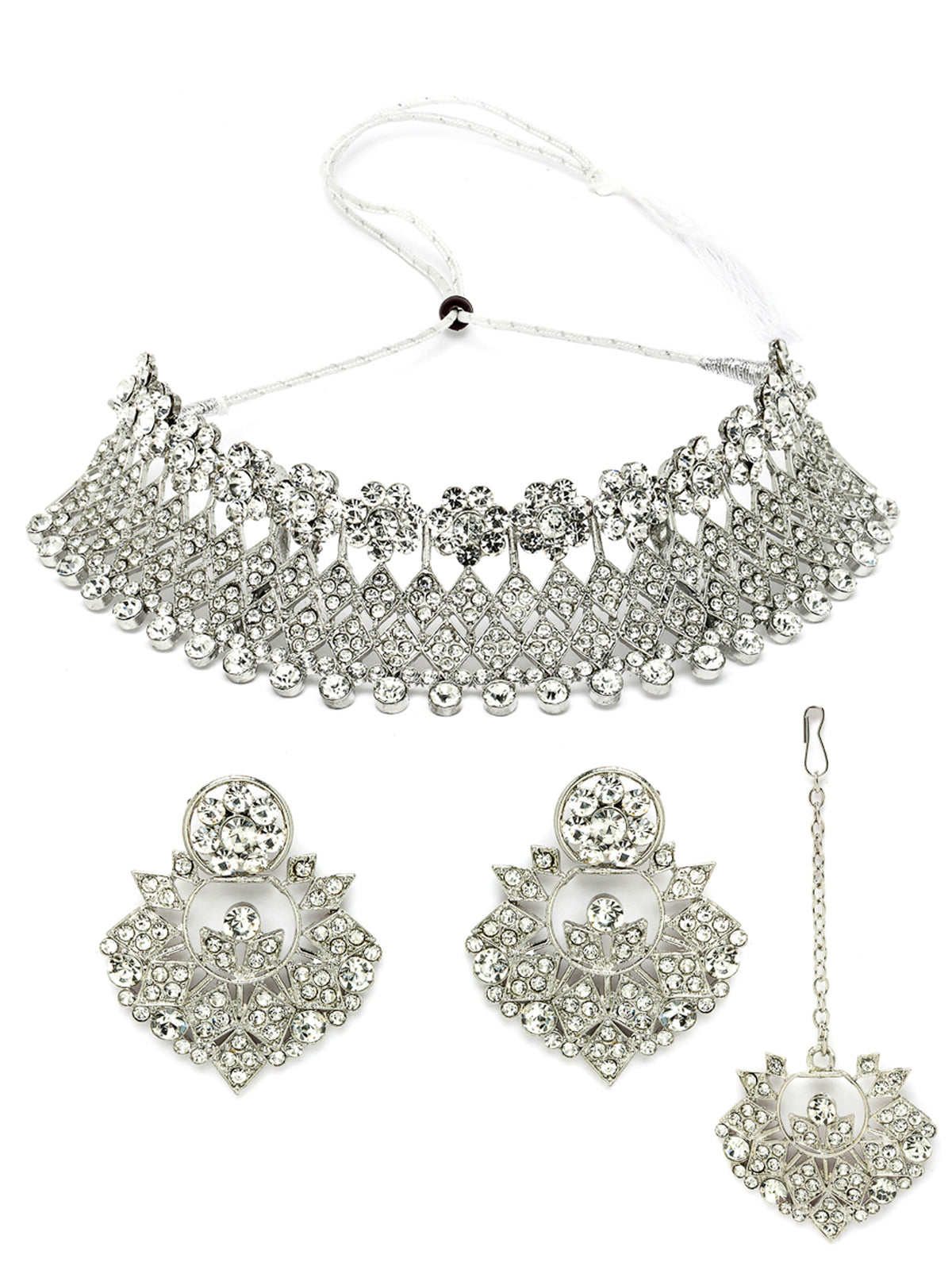 Sukkhi Universal Rhodium Plated Silver AD Stone Choker Necklace Set With Earring And Maangtika | Jewellery Set For Women (NS105486)
