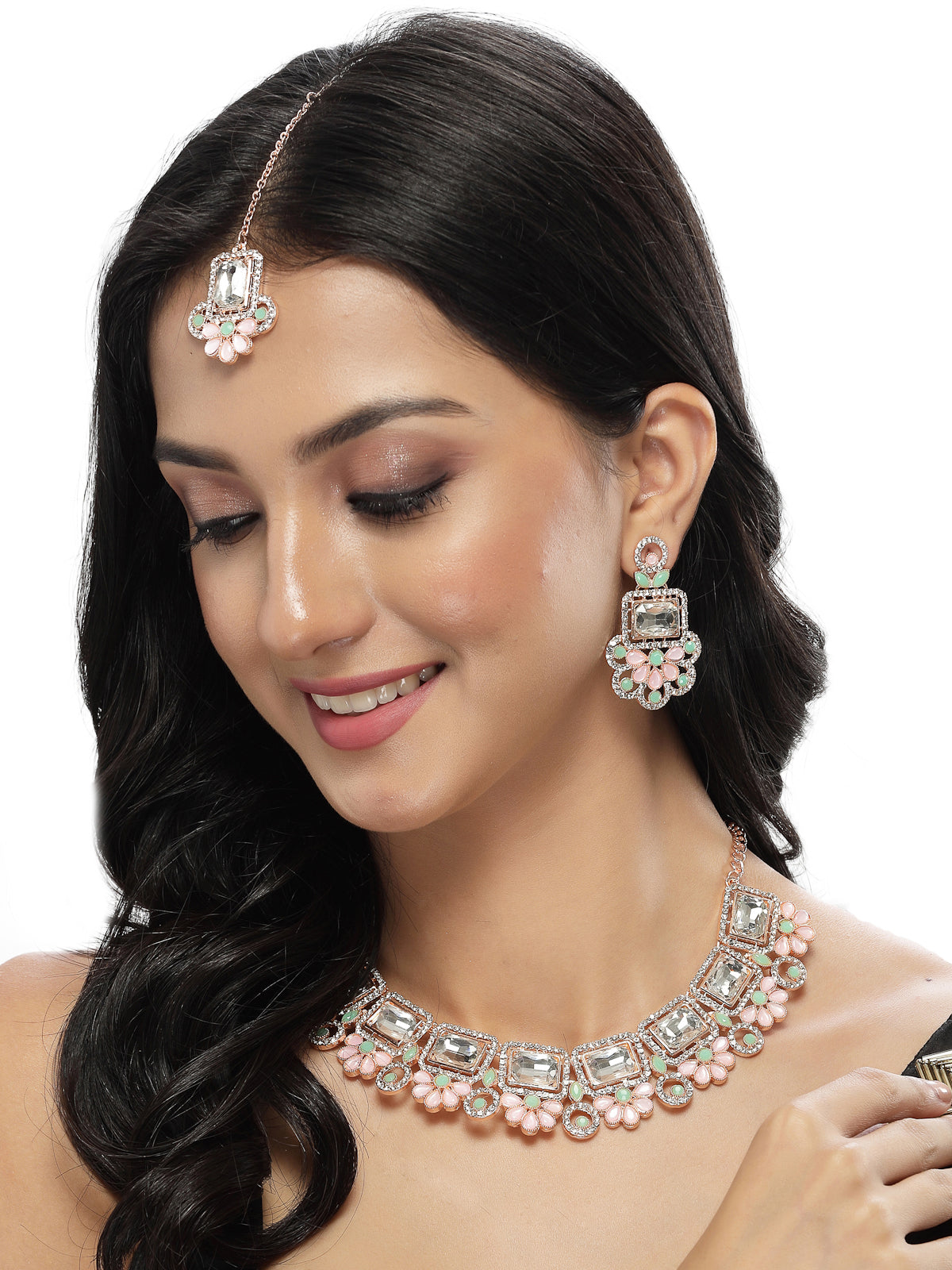 Sukkhi Good-Looking Rose Gold Plated Pink & Mint Green AD Stone Collar Bone Necklace Set With Earring And Maangtika | Jewellery Set For Women (NS105487)