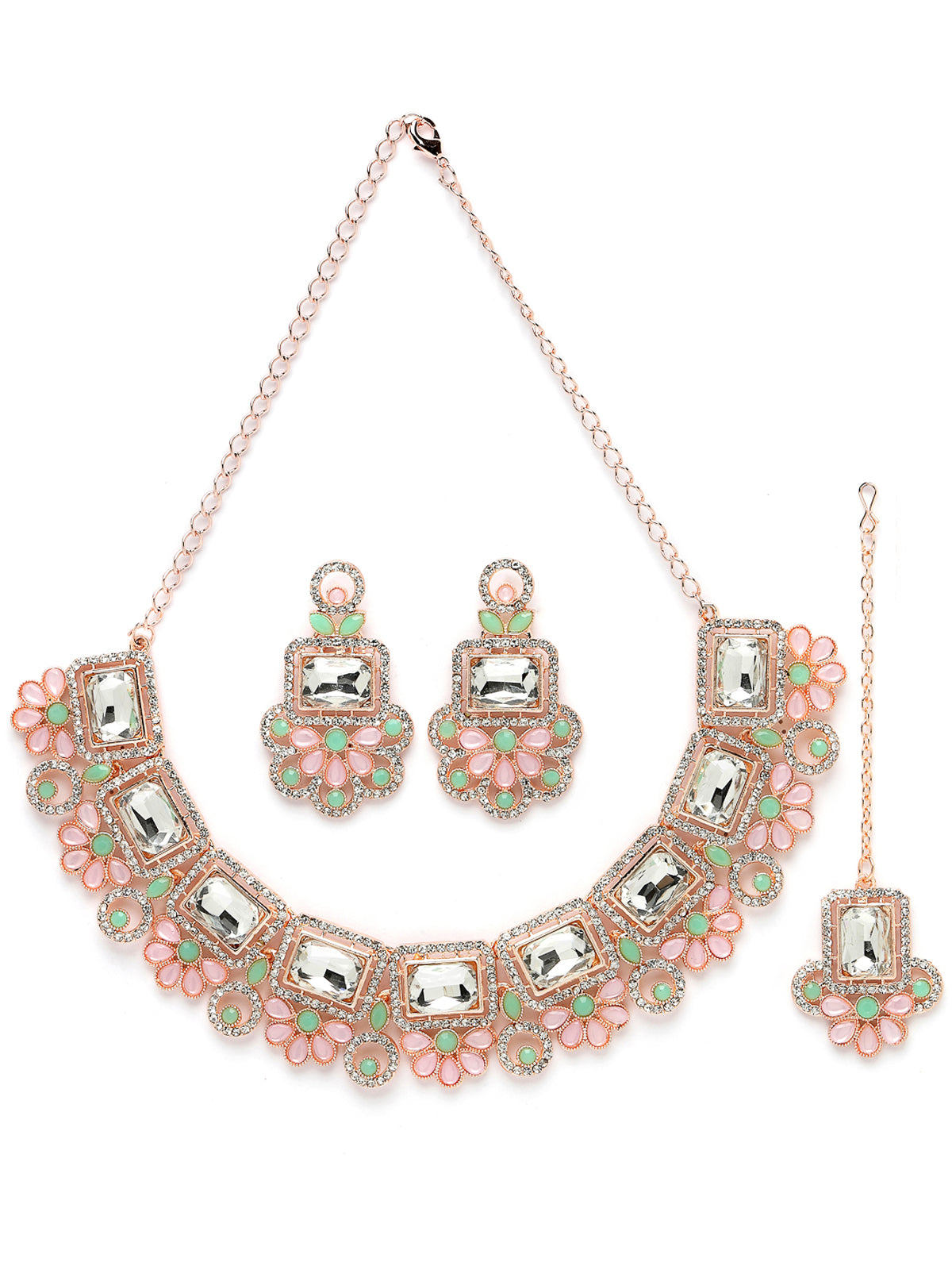 Sukkhi Good-Looking Rose Gold Plated Pink & Mint Green AD Stone Collar Bone Necklace Set With Earring And Maangtika | Jewellery Set For Women (NS105487)