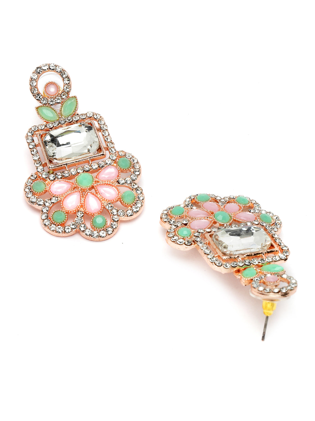 Sukkhi Good-Looking Rose Gold Plated Pink & Mint Green AD Stone Collar Bone Necklace Set With Earring And Maangtika | Jewellery Set For Women (NS105487)