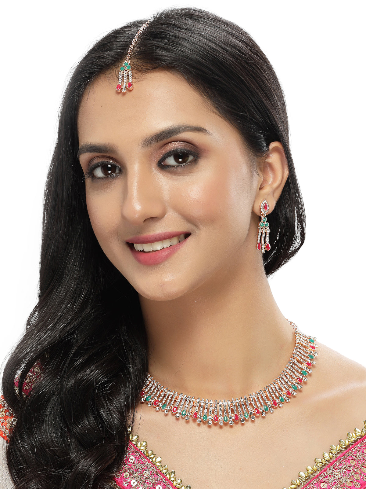 Sukkhi Admirable Fashionable Red-Green Kundan With Ad Stones Collar Bone Necklace Set With Earring And Maangtika | Jewellery Set For Women (NS105488)