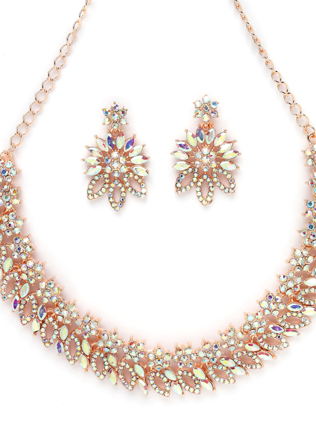 Sukkhi Dangling Rose Gold Plated Stone Floral Collar Bone Necklace Set With Earring And Maangtika | Jewellery Set For Women (NS105489)