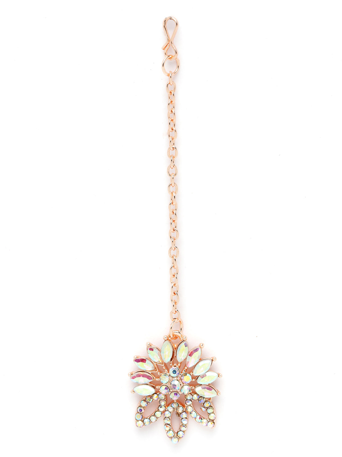 Sukkhi Dangling Rose Gold Plated Stone Floral Collar Bone Necklace Set With Earring And Maangtika | Jewellery Set For Women (NS105489)
