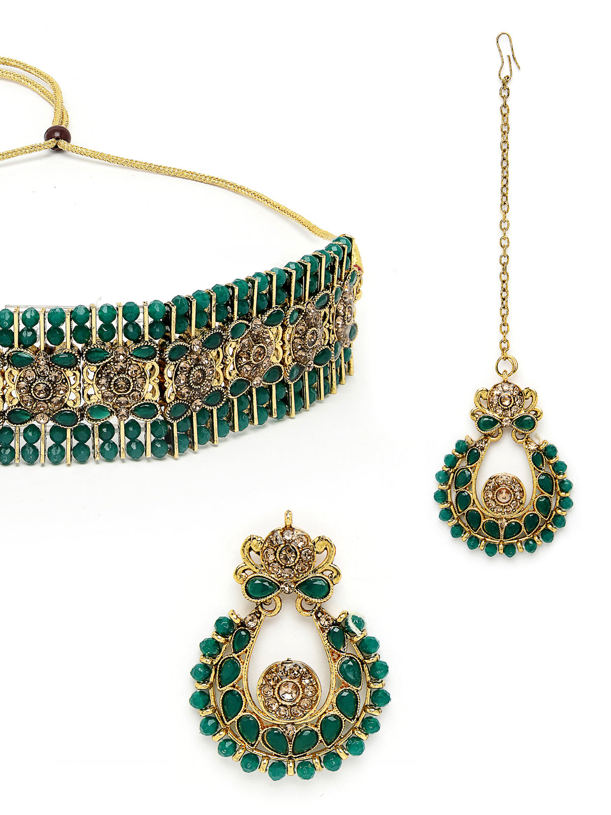 Sukkhi Indian Ethnic Gold Plated Green Kundan & Beads Choker Necklace Set With Earring And Maangtika | Jewellery Set For Women (NS105492)