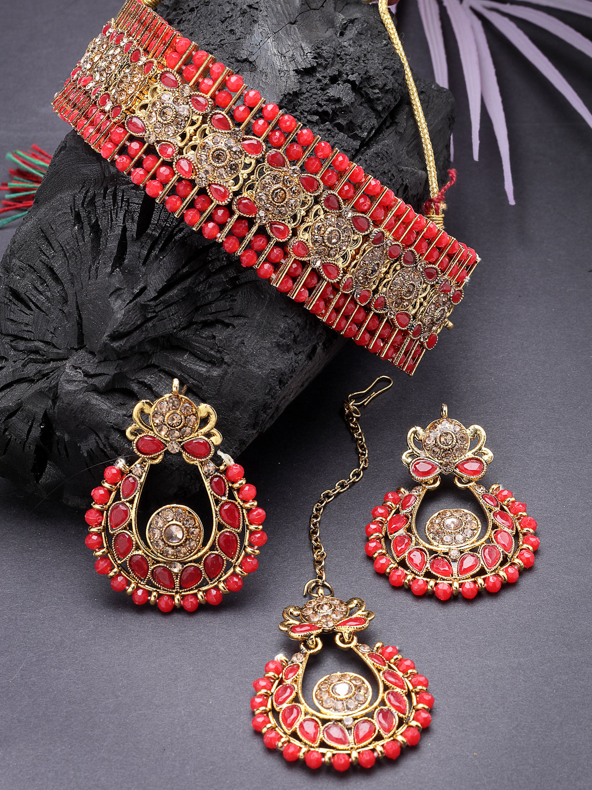 Sukkhi Indian Ethnic Gold Plated Red Kundan & Beads Choker Necklace Set With Earring And Maangtika | Jewellery Set For Women (NS105493)