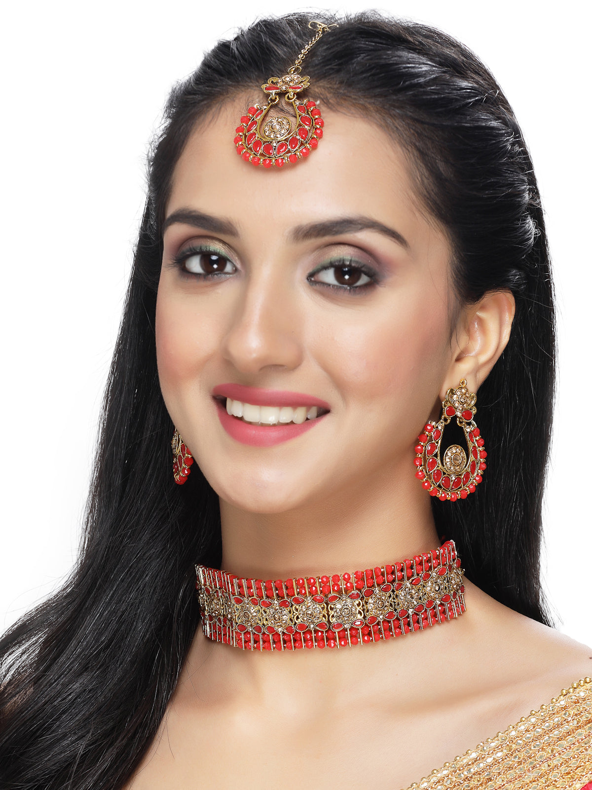 Sukkhi Indian Ethnic Gold Plated Red Kundan & Beads Choker Necklace Set With Earring And Maangtika | Jewellery Set For Women (NS105493)