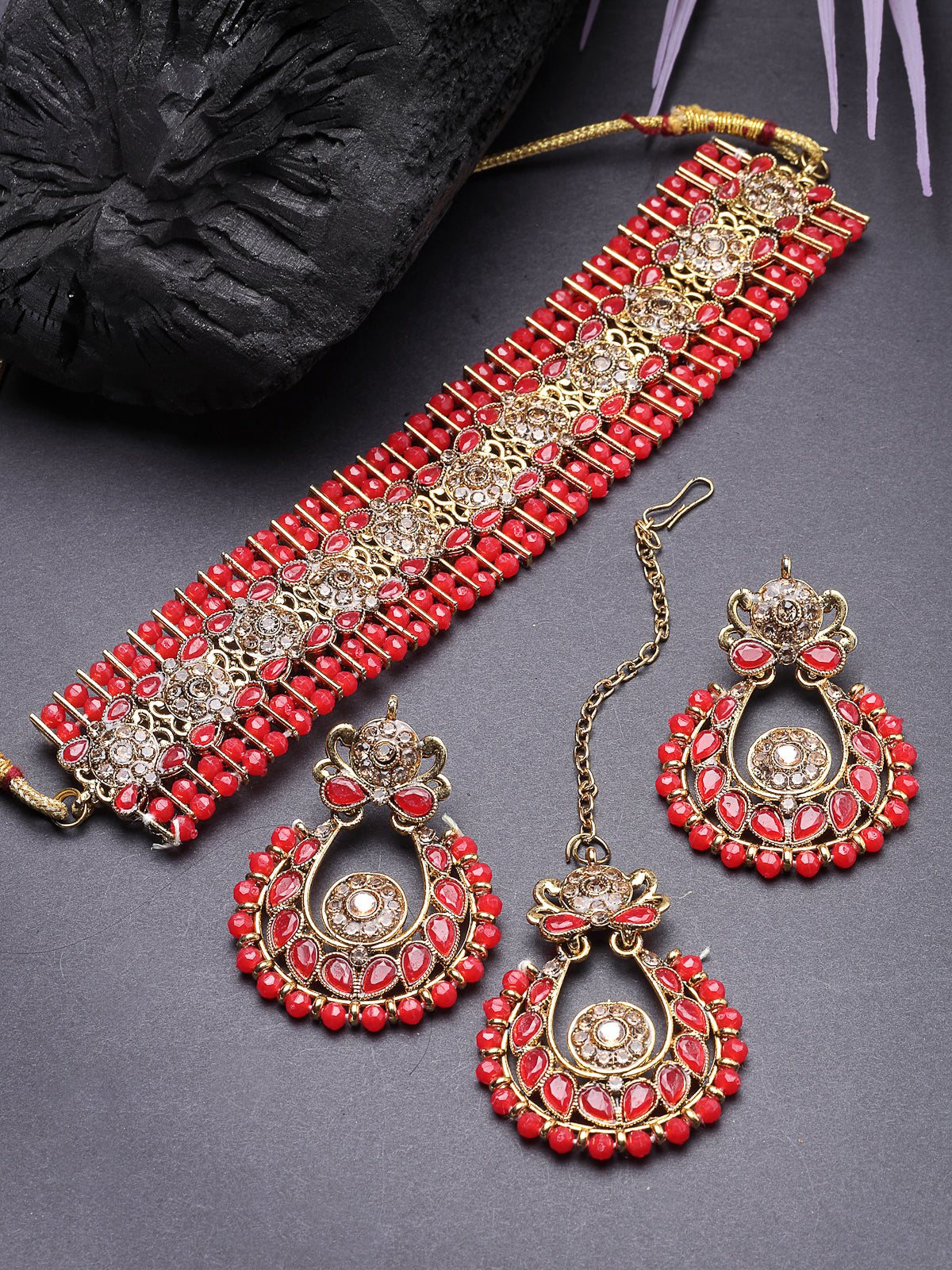Sukkhi Indian Ethnic Gold Plated Red Kundan & Beads Choker Necklace Set With Earring And Maangtika | Jewellery Set For Women (NS105493)