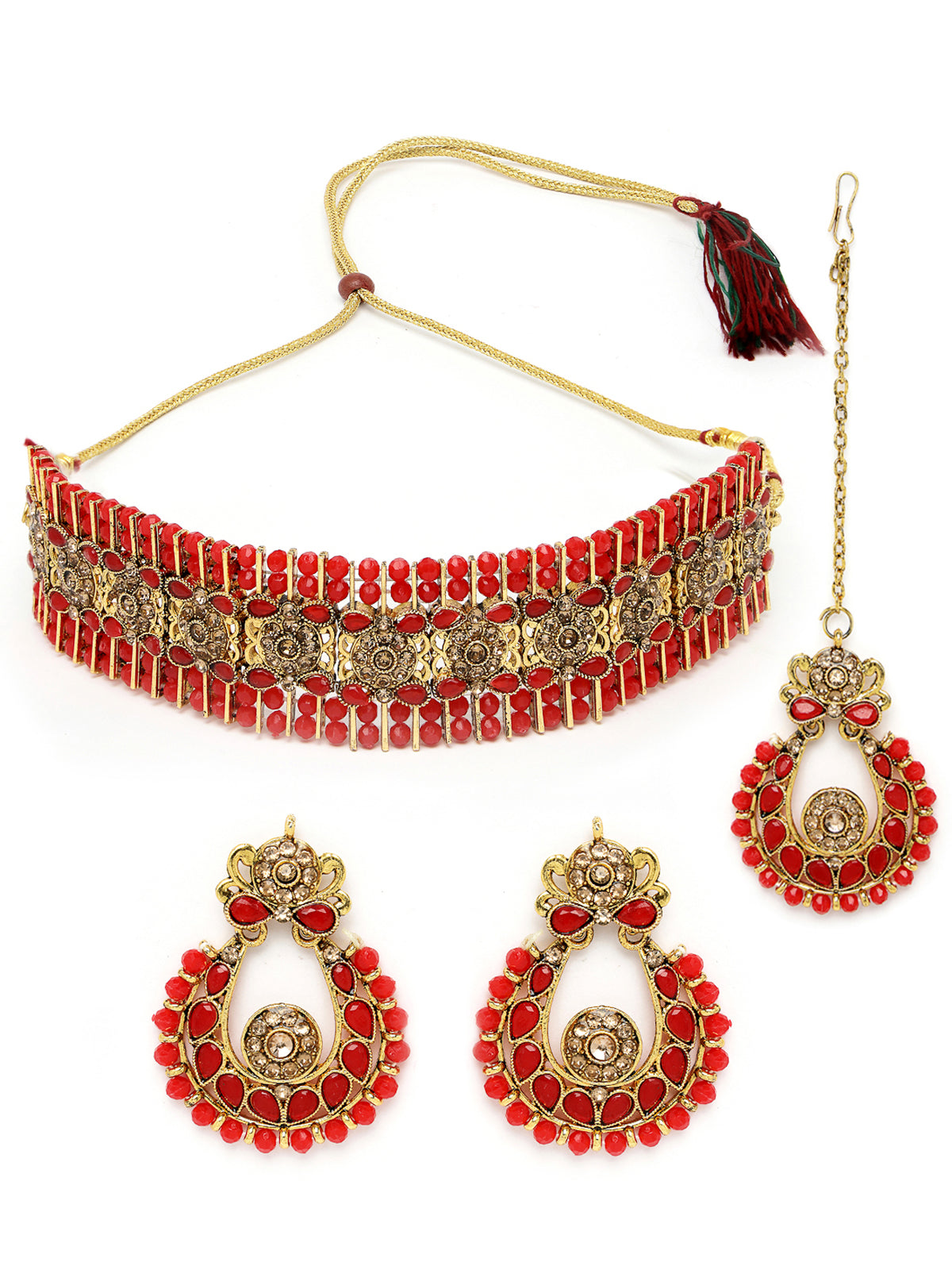 Sukkhi Indian Ethnic Gold Plated Red Kundan & Beads Choker Necklace Set With Earring And Maangtika | Jewellery Set For Women (NS105493)