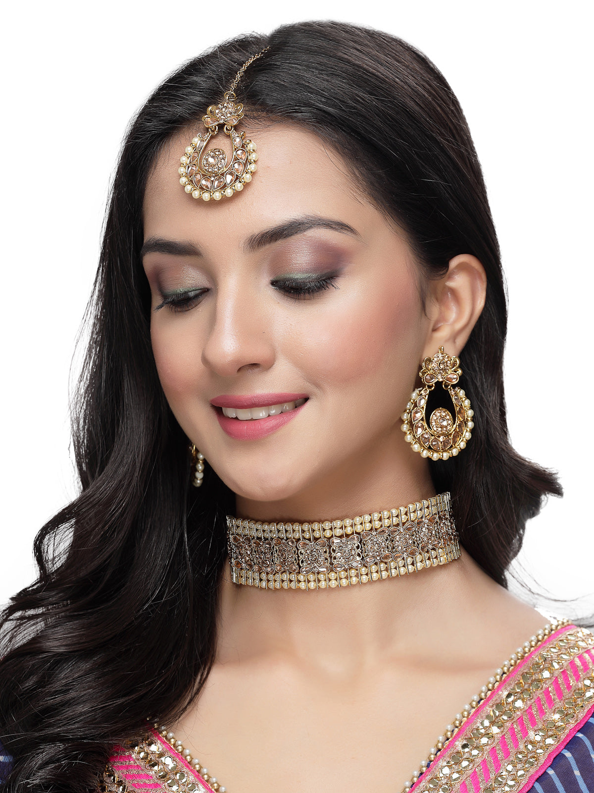 Sukkhi Indian Ethnic Gold Plated LCT Kundan & Beads Choker Necklace Set With Earring And Maangtika | Jewellery Set For Women (NS105494)