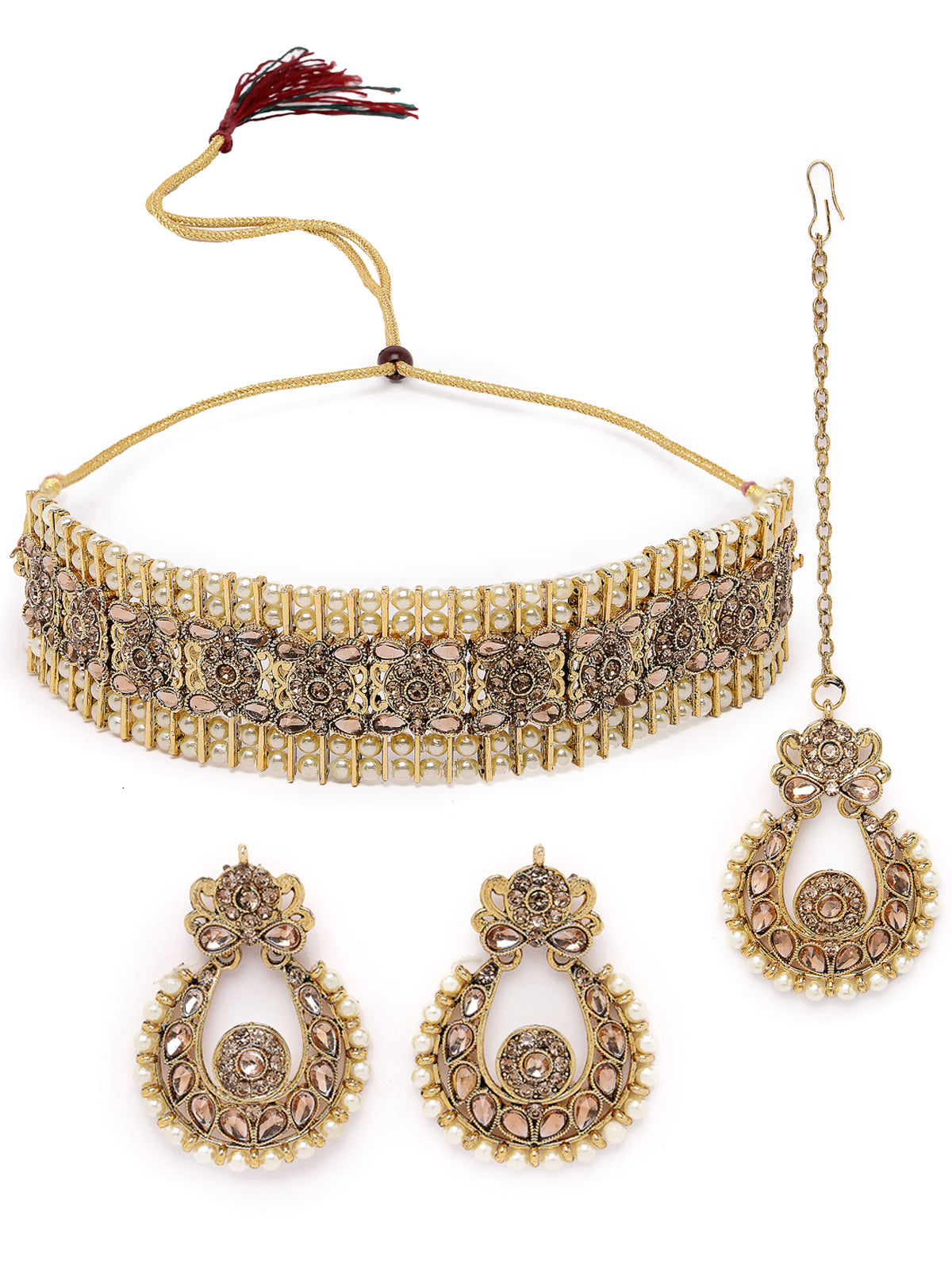 Sukkhi Indian Ethnic Gold Plated LCT Kundan & Beads Choker Necklace Set With Earring And Maangtika | Jewellery Set For Women (NS105494)
