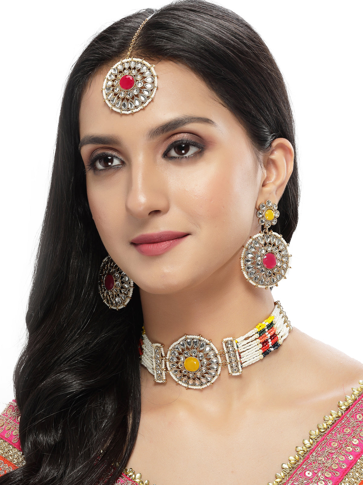 Sukkhi Decorative Round Shaped Multicolor Kundan & Beads Choker Necklace Set With Earring And Maangtika | Jewellery Set For Women (NS105499)