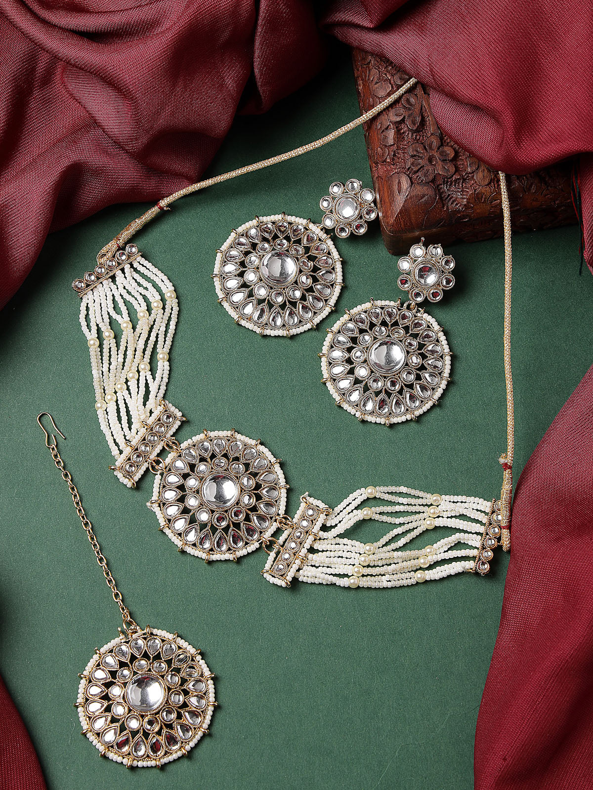 Sukkhi Decorative Round Shaped White Kundan & Beads Choker Necklace Set With Earring And Maangtika | Jewellery Set For Women (NS105502)