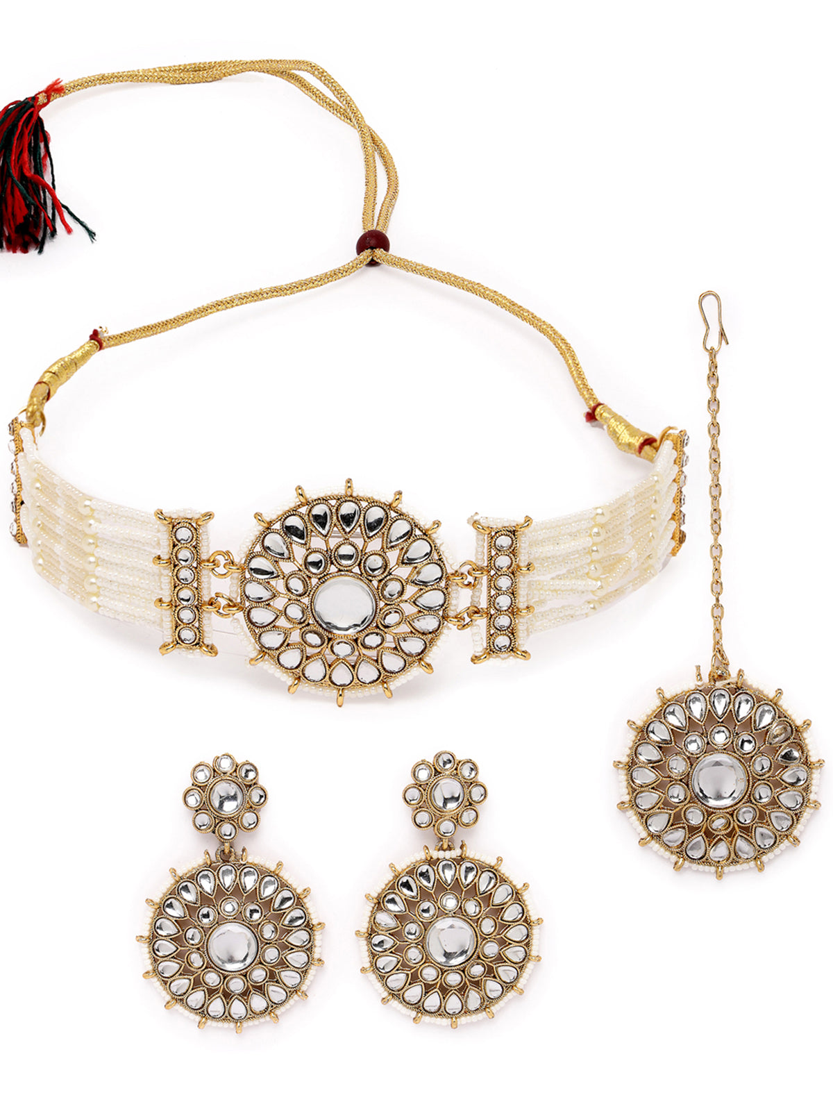 Sukkhi Decorative Round Shaped White Kundan & Beads Choker Necklace Set With Earring And Maangtika | Jewellery Set For Women (NS105502)