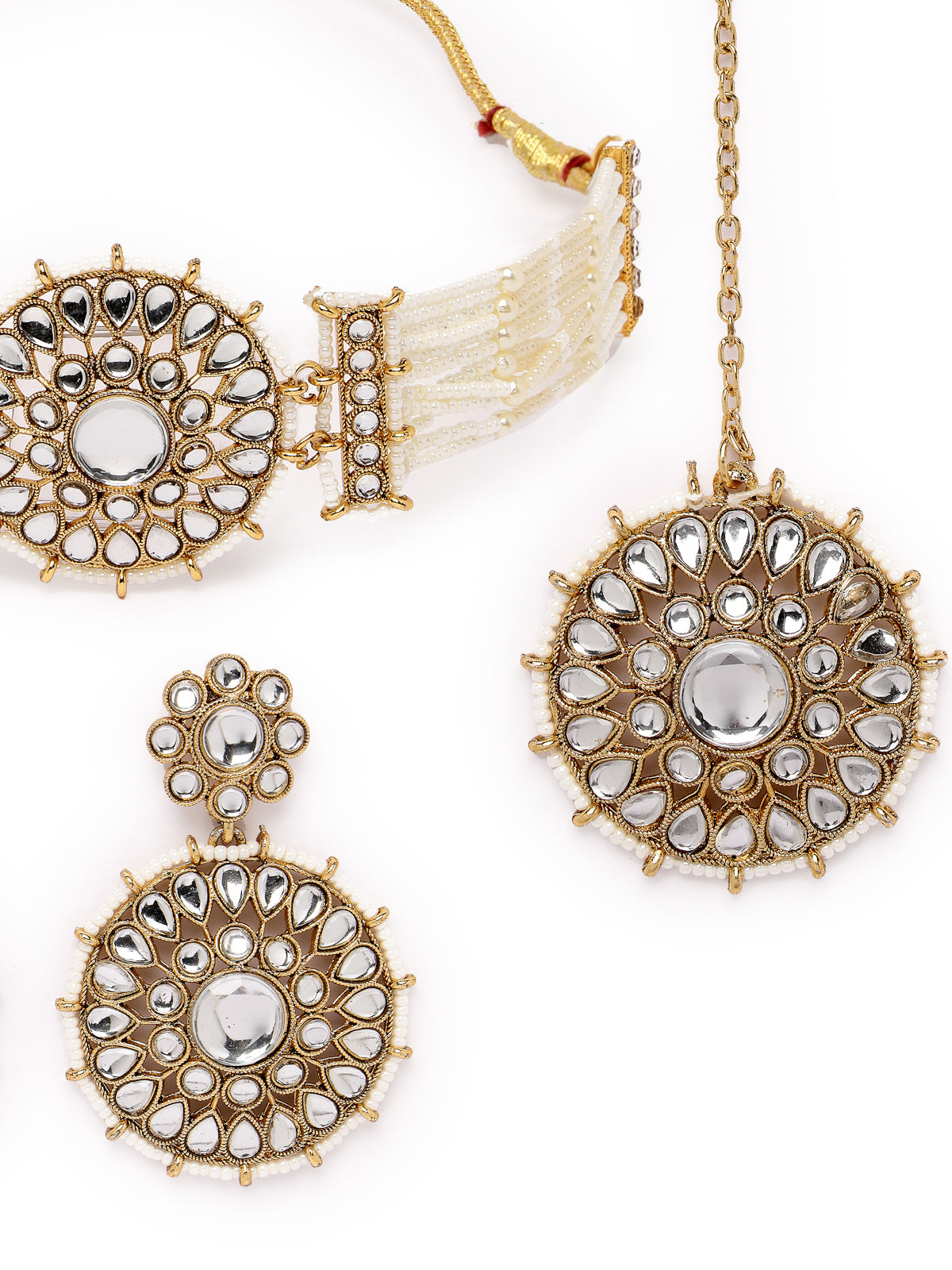 Sukkhi Decorative Round Shaped White Kundan & Beads Choker Necklace Set With Earring And Maangtika | Jewellery Set For Women (NS105502)