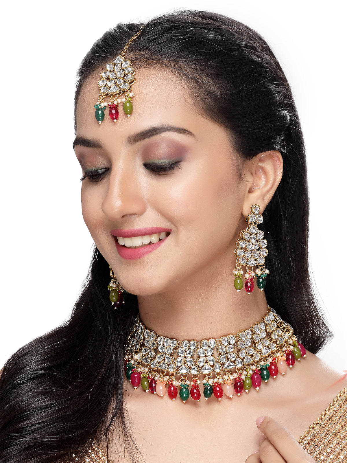 Sukkhi Unforgettable Heavy Looked Multicolor AD Stones Collar Bone Necklace Set And Earring | Jewellery Set For Women (NS105503)