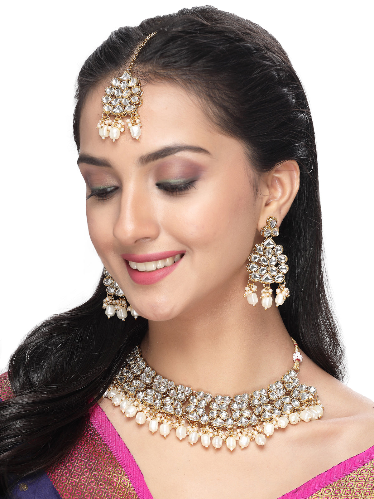 Sukkhi Unforgettable Heavy Looked AD White Stones Collar Bone Necklace Set With Earring And Maangtika | Jewellery Set For Women (NS105504)