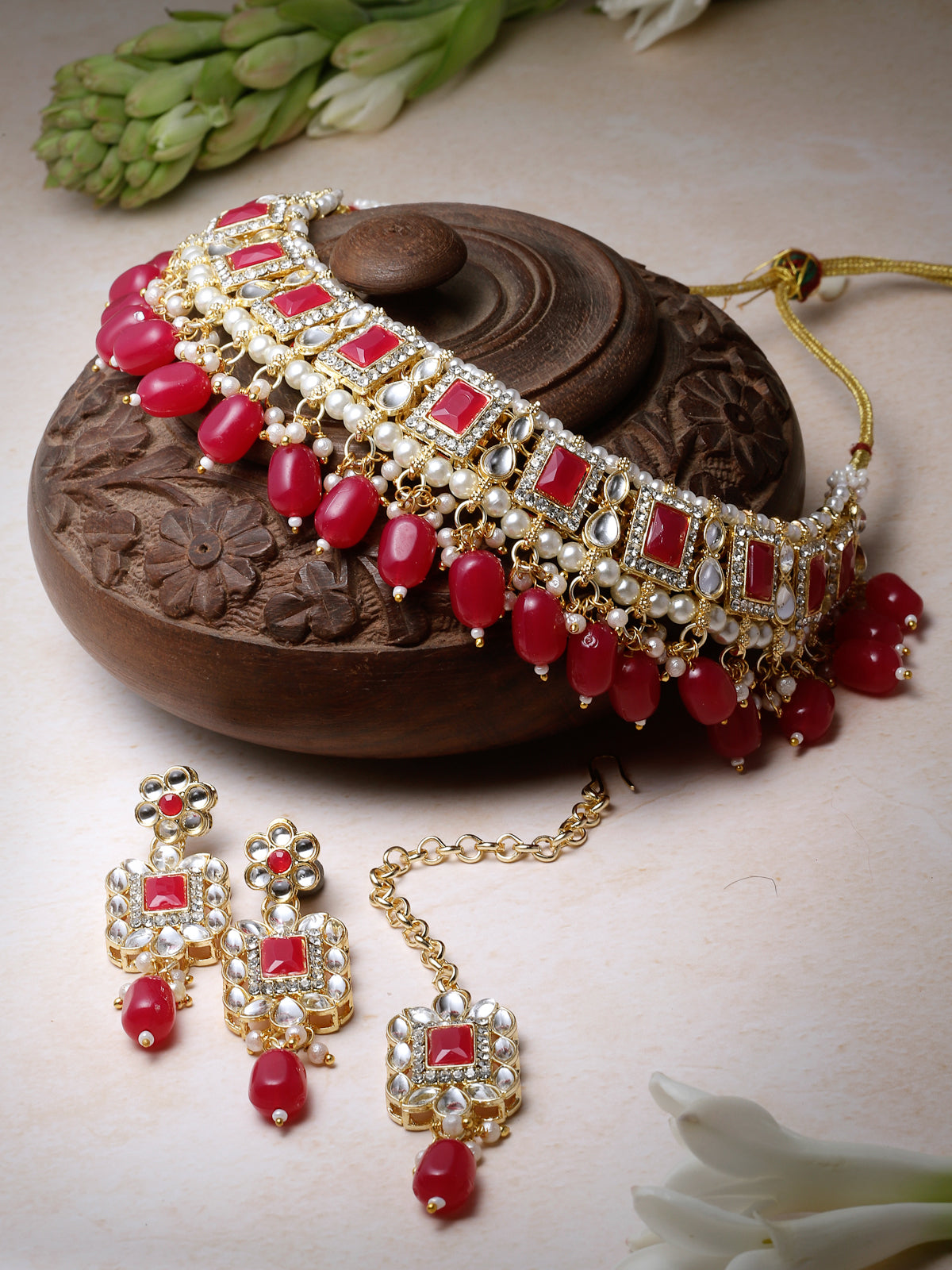 Sukkhi Glitzy Gold Plated Rani Pink AD Stones & Beads Collar Bone Necklace Set With Earring And Maangtika | Jewellery Set For Women (NS105505)