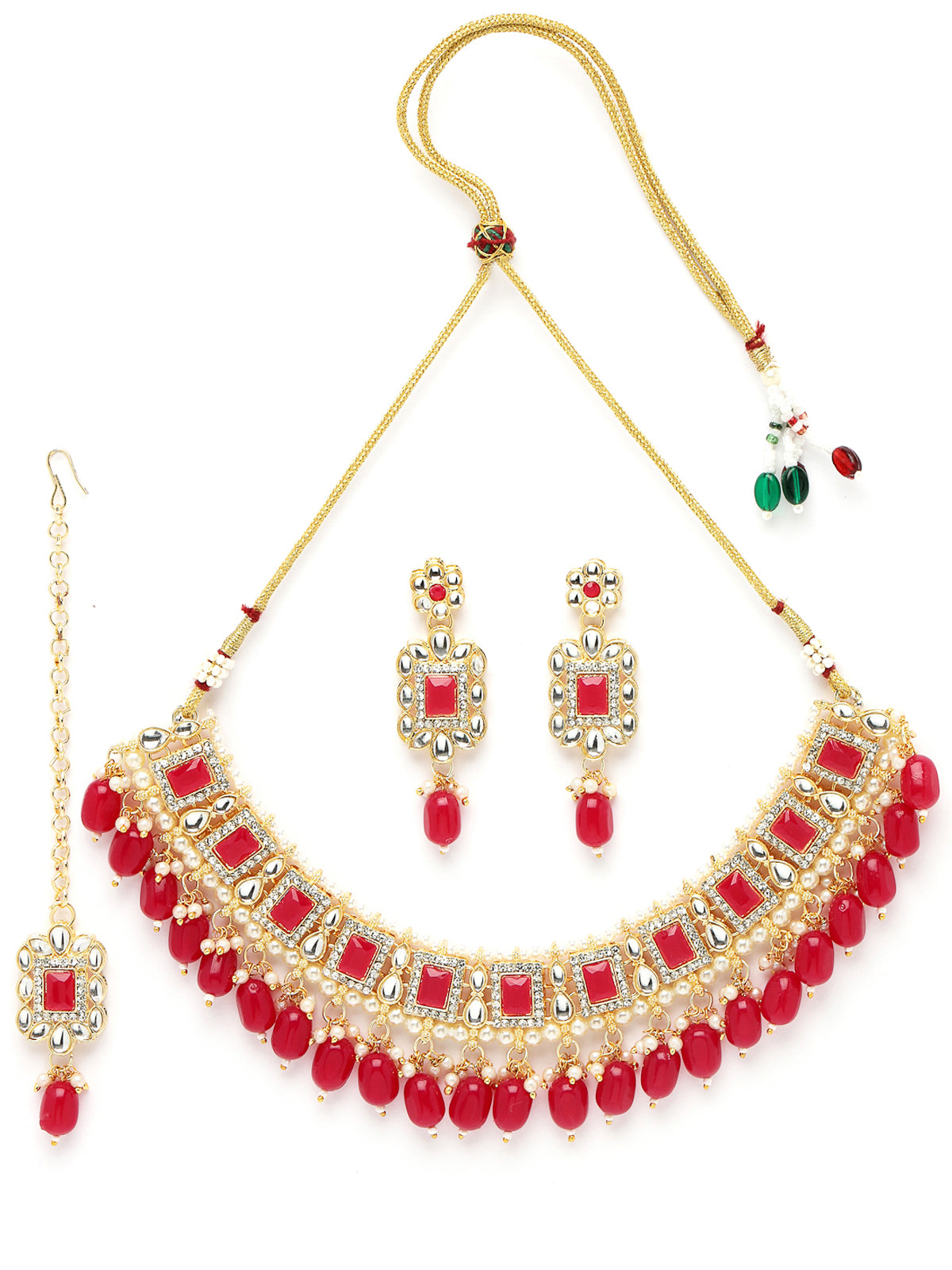 Sukkhi Glitzy Gold Plated Rani Pink AD Stones & Beads Collar Bone Necklace Set With Earring And Maangtika | Jewellery Set For Women (NS105505)