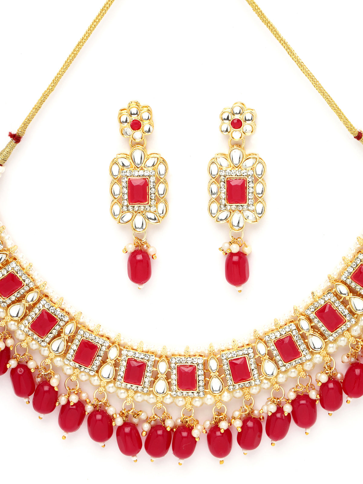 Sukkhi Glitzy Gold Plated Rani Pink AD Stones & Beads Collar Bone Necklace Set With Earring And Maangtika | Jewellery Set For Women (NS105505)